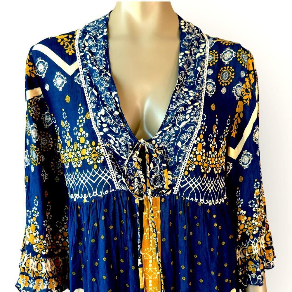 Millenium New Top Blouse Tunic Dress Womens L Bohemian Paisley Navy Gold Peasant - Picture 4 of 12